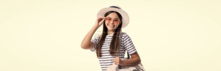 photo of teen girl smile in summer style. teen girl in summer style isolated on white. teen girl in summer style at studio. teen girl in summer style on background.