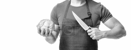 cropped view of man in apron hold cabbage and knife isolated on white background.