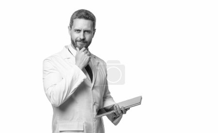 white coat doctor with tablet medical record isolated on white background. medical record. medicine worker with medical record. copy space.