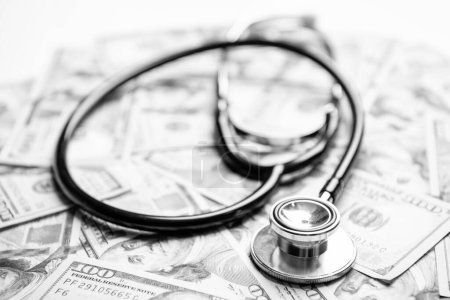 medicine expenses for healthcare concept. money for medicine expenses in selective focus. stethoscope of medicine expenses closeup. photo of medicine expenses currency.