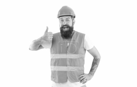 surprised bearded supervisor man in orange vest. studio shot of supervisor man wearing helmet. supervisor man isolated on white background. supervisor man in uniform.