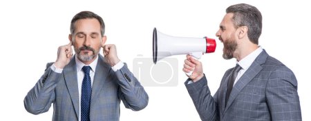 business promotion ideas. businessman shouting in loudspeaker isolated on white. business man promoter has conflict. businessman promoting idea for business. promotion concept. deiagreement.