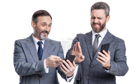 businessmen check interest rate on phone online isolated on white. rating scale.