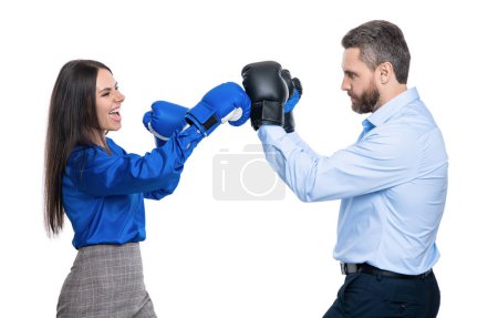 two businesspeople solving business conflict. arguing in business office. argument between colleagues. business conflict. businesspeople in boxing gloves isolated on white. face to face.
