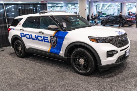 Photo for New York City, USA - March 27, 2024: Ford Explorer MTA police car at New York International Auto Show, side view. - Royalty Free Image