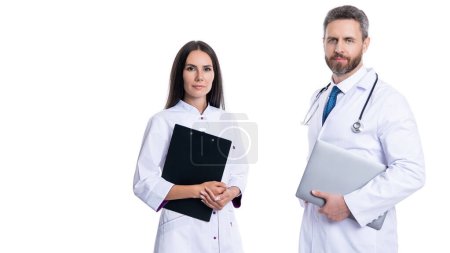 Photo for Doctor at hospital. two doctor hold medical prescription. doctor and nurse with clipboard isolated on white. professional physician with internist. medicine and healthcare. copy space advertisement. - Royalty Free Image