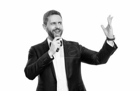 cheerful speaker man with microphone. man speaker wear tuxedo in studio. speaker man speaking in microphone. man speaker isolated on white background.