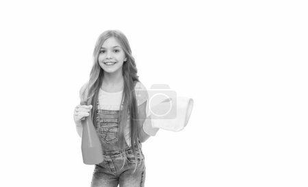 photo of cheerful cleaner girl with cleaning gloves. cleaner girl in cleaning gloves with copy space. teen girl cleaner in cleaning gloves isolated on white. cleaner girl wear cleaning gloves