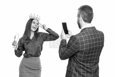 photo of successful businesswoman leader in crown with champagne. professional businesswoman leader in studio. leadership of businesswoman leader isolated on white. concept of leadership success.