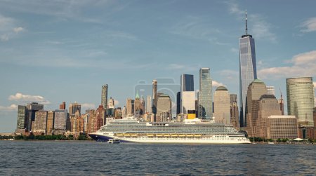 Photo for Cruise ship New York. Skyline of New York Manhattan cruising on the Hudson River cruise liner. New york cruise lines ship vacation - Royalty Free Image