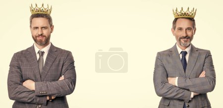 successful partnership. business reward. business partner isolated on white. two business man in suit and crown. business teamwork and collaboration. partnership with copy space. partner team.