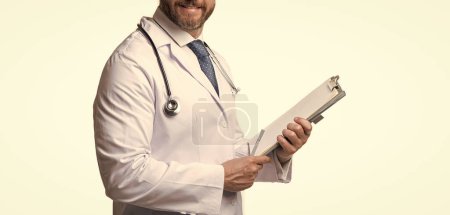 cropped view of internist with prescription in studio. internist with prescription on background. photo of internist with prescription. internist with prescription isolated on white.