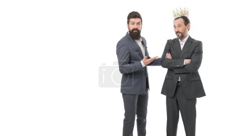 Rich and powerful people. Respected bearded man. Self esteem. VIP concept. Men wear crown. Businessmen successful people. Respected king. Respected position in society. Achievements and reputation.