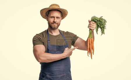 man in apron and hat with carrot vegetable isolated on white. point finger.