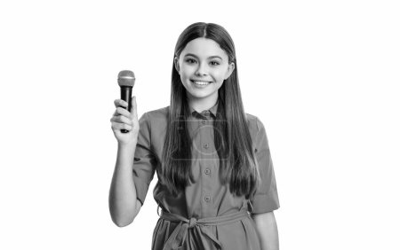 happy teen girl singer holding microphone in studio. teen girl singer with microphone. photo of singer teen girl hold microphone. teen girl singer with microphone isolated on white background.