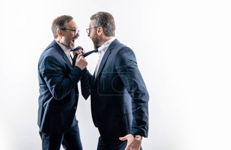 businessmen threaten business men isolated on white. businessmen threaten business model. men having conflict. threatening business reputation. rival company threatening. copy space.