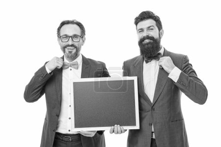 welcome on board. partners celebrate start up business isolated on white. businessmen in suit, copy space. announcement. party invitation. bearded men hold advertisement blackboard. business start up.