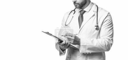 internist with anamnesis on background. cropped photo of internist with anamnesis. internist with anamnesis isolated on white. internist with anamnesis in studio.