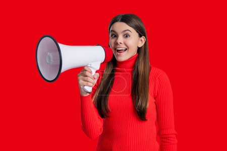 Sale announcement. Announce advertisement. Hurry up. Season sale. Promotion offering of sale. Teen girl announcer promote idea. Teen girl with loudspeaker isolated on red. Hot news.