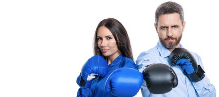 working competition. businesspeople in boxing gloves isolated on white. business competition. corporate competition between business partners. businesspeople ready to fight. copy space banner.
