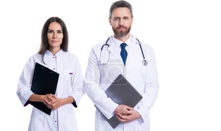 Photo for Two doctor hold medical prescription. doctor and nurse with clipboard isolated on white. professional physician with internist. medicine and healthcare. doctor at hospital. Written prescription. - Royalty Free Image
