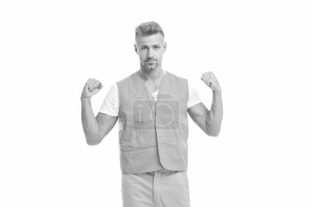 photo of strong man supervisor wearing reflective vest. man supervisor isolated on white. man supervisor in white studio. man supervisor on background.