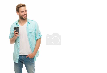 Coffee break at home. Millennial man having coffee cup isolated on white. Morning coffee time. Lifestyle concept. Drinking espresso. Man drinking tea. Warm morning. Copy space.