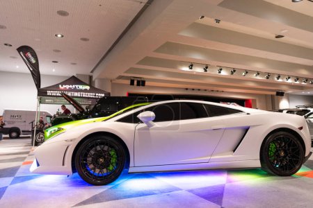 Foto de New York City, USA - March 27, 2024: Lamborghini Gallardo LP560-4 sportscar car at New York International Auto Show, side view. - Imagen libre de derechos