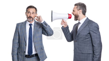 businessman promoting idea for business. promotion concept. business promotion ideas. businessman shouting in loudspeaker isolated on white. business man promoter has conflict. express disagree.