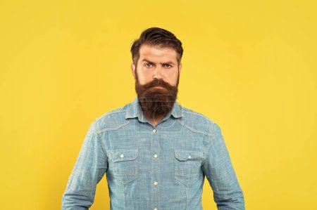 Sérieux homme non rasé à longue barbe et moustache en denim casual fond jaune, homme barbu.