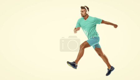 athletic man sport runner sportsman running and joggig in sportswear has stamina isolated on white background, banner.