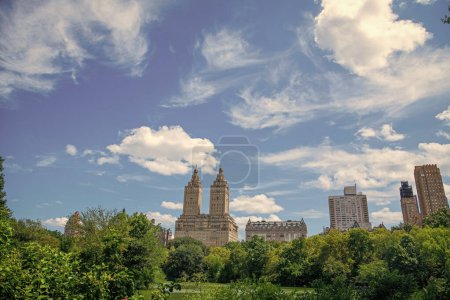 Parc entouré de gratte-ciel. Bâtiments Manhattan de Central Park USA. vue sur l'immeuble Manhattan à Central Park. Central Park et l'Upper East Side à New York. bouffée d'air frais à New York.