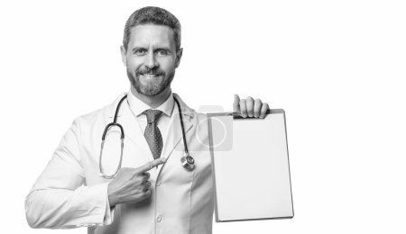 cheerful doctor showing clinical record. doctor isolated on white with clinical record. doctor hold clinical record.