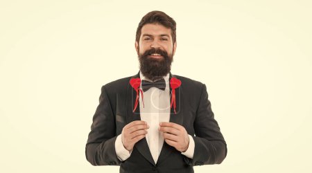 Love time. special occasion party. male groom on wedding ceremony. going to make proposal. bearded man red hearts. love symbol. happy valentines day. love is blind. tuxedo man on formal event.