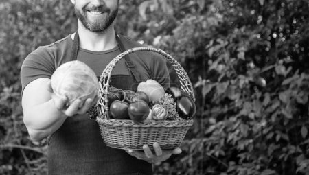 cropped view of harvester hold basket full of vegetables.
