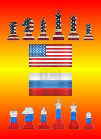 Illustration for USA vs Russia - Illustration, Chess pieces with USA flag and Chess pieces with Russia flag - Royalty Free Image