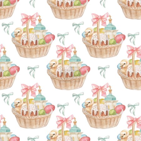 Téléchargez les photos : Easter holiday spring bunnies animals, chick, duckling, eggs, basket wicker cup ribbons and church decoration watercolor illustrations hand drawn set isolated on white background - en image libre de droit