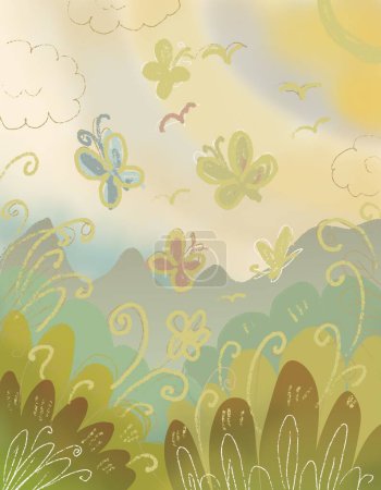 Téléchargez les photos : Carte postale fond printemps ensoleillé couleurs chaudes flous papillons feuilles herbe soleil rayons main dessiné joyeuse humeur festive - en image libre de droit