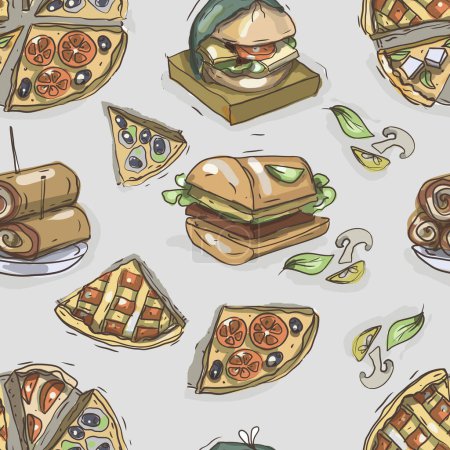 Burger Fast Food Shawarma saftige Lunch Food Brötchen Brot Tacos würzig fetthaltiges Essen Hand gezeichnet