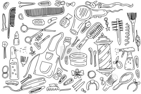 Salon barbershop combs hairpins hair dryer scissors miscellaneous items big set doodle sketch line hand drawn separately on a white background tote bag #617800968
