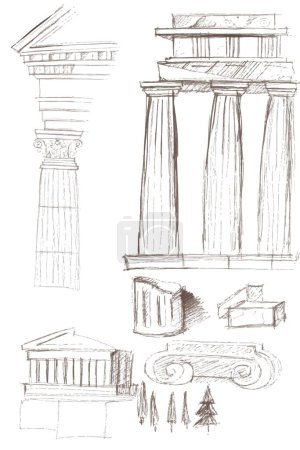 Téléchargez les illustrations : Ancienne architecture rome grec croquis temple colonnade colonnes portique dessiné séparément sur un fond blanc éléments antiquité monuments architecturaux - en licence libre de droit