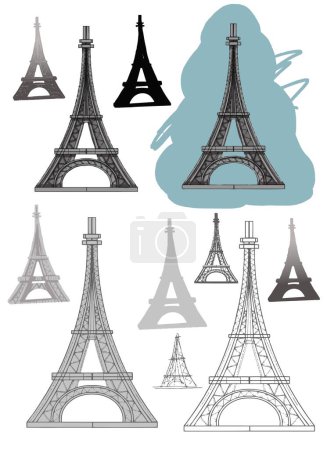 Téléchargez les illustrations : Eiffel Tower Paris France separate elements in different styles separately on a white background. Architecture sketch line drawing. hand drawn - en licence libre de droit