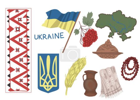 Illustration for Ukraine national flag and coat of arms, country map symbols viburnum, towel loaf, red beads separate elements drawn by hand separately on a white background - Royalty Free Image