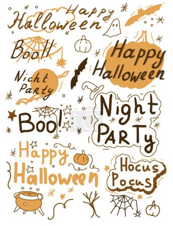 Téléchargez les photos : Les autocollants d'Halloween sont dessinés à la main, placés séparément sur un fond blanc, lettrage Citrouilles, chapeaux, inscriptions fantomatiques en anglais et toiles d'araignée. Orange, couleurs marron - en image libre de droit