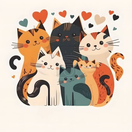 Eine charmante vierköpfige Katzenfamilie, einschließlich der Eltern und ihrer Kätzchen, sitzt zusammen, während liebevolle Herzen sanft um sie herum schweben. Das Bild wird in einem Vektorformat erzeugt.
