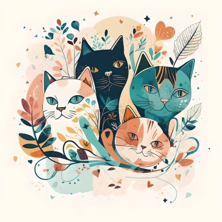 Téléchargez les photos : Il y a une image vectorielle d'une famille de quatre chats colorés assis au milieu d'un feuillage épais. - en image libre de droit