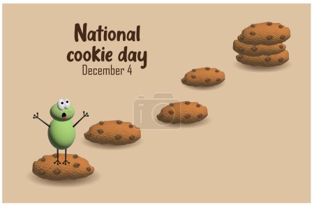 Photo for 3d illustration of a surprised frog jumping from cookie to cookie to pile of chocolate chips at the end of the cookie path - Royalty Free Image