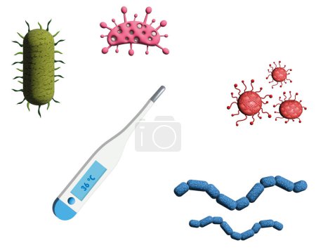 Foto de 3d ilustración de un termómetro digital y diferentes tipos de virus y bacterias - Imagen libre de derechos