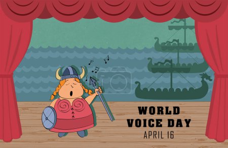 Foto de Día Mundial de la Voz el 16 de abril con un escenario y una cantante de ópera con texto negro - Imagen libre de derechos