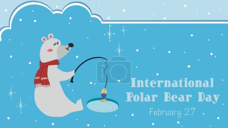 Foto de Día Internacional del Oso Polar el 27 de febrero con un lindo oso en una bufanda roja pescando en el hielo - Imagen libre de derechos